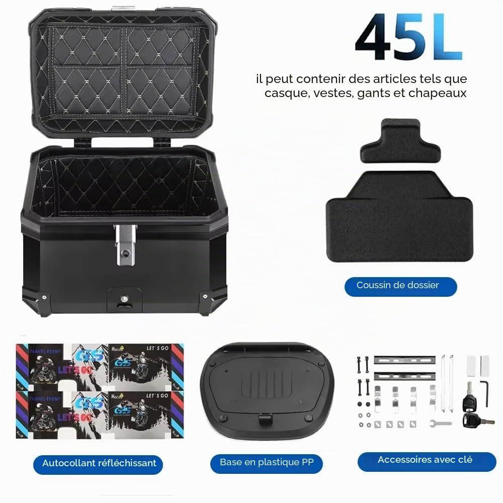 JOPWUE Coffre arrière de moto universel 45 L/57 L, étanche, anti-poussière et antivol, avec serrure de sécurité (45 l)