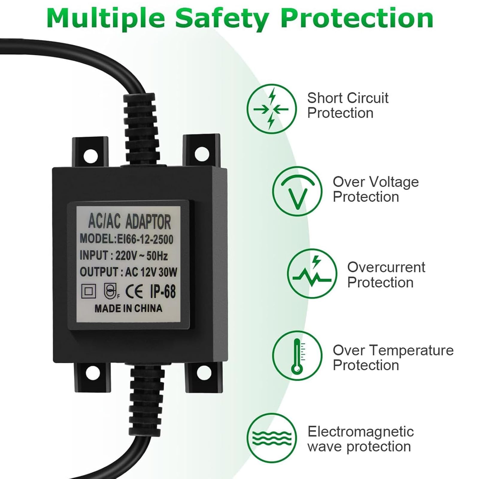 LED Trafo 12V Netzteil AC/AC 30W, Außen Steckernetzteil Transformator IP68,Transformator 220v 12v mit Stecker, led netzteil für LED-Beleuchtung und Teichpumpen