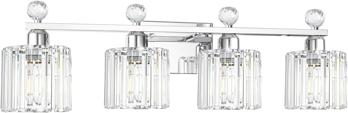 Modern Crystal Bathroom Vanity Light 4-Lights, Chrome Vanity Lights for Bath, Crystal Bathroom Wall Fixture Over Mirror, Wall Sconces Lighting with Clear Glass Shade for Bedroom, Living Room 4 light-28in Chrome