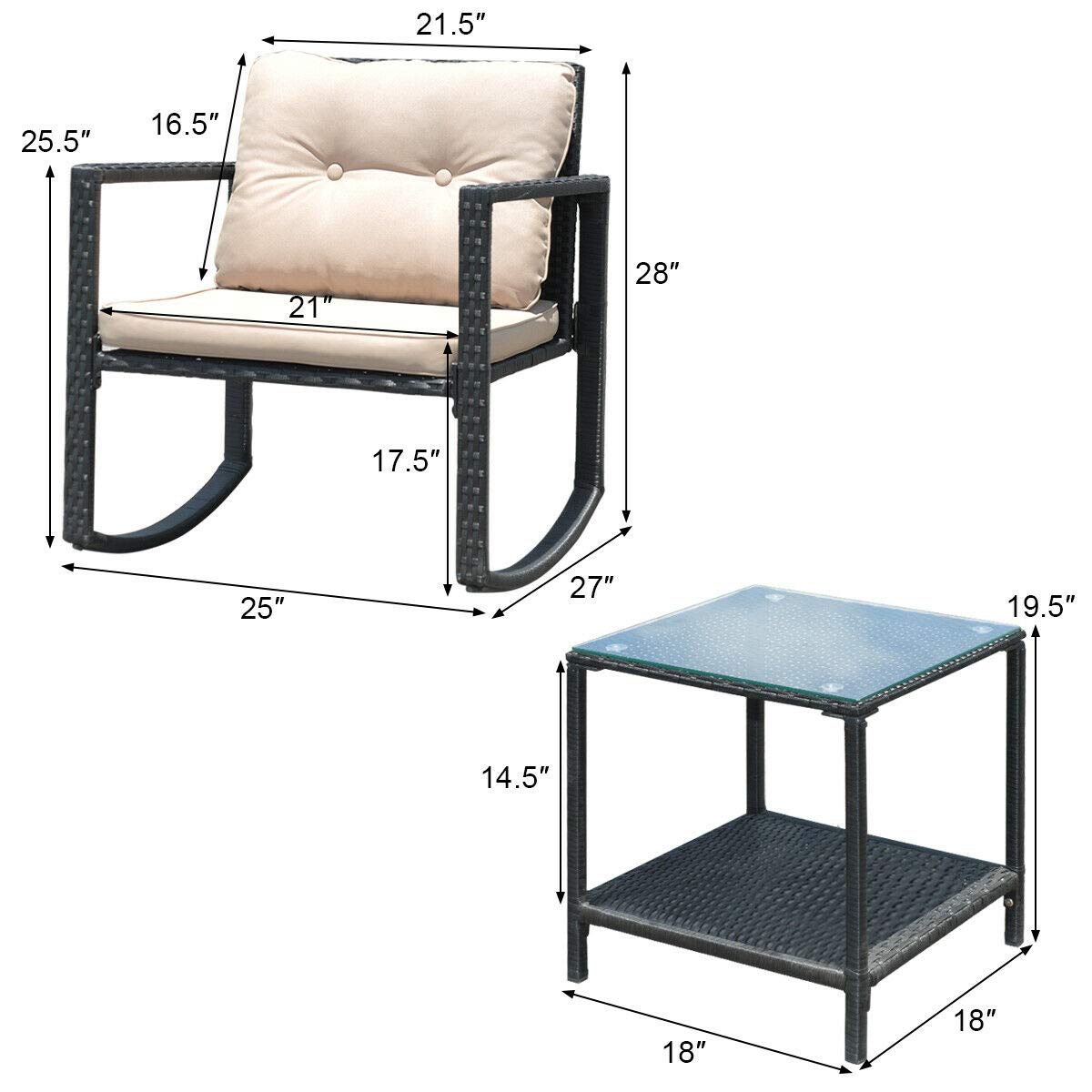 Juego de 3 mecedoras de mimbre para patio, mecedoras al aire libre y mesa con cojines, mesa de centro de cristal con estante de almacenamiento, adecuada para patio, jardín, piscina, balcón 4