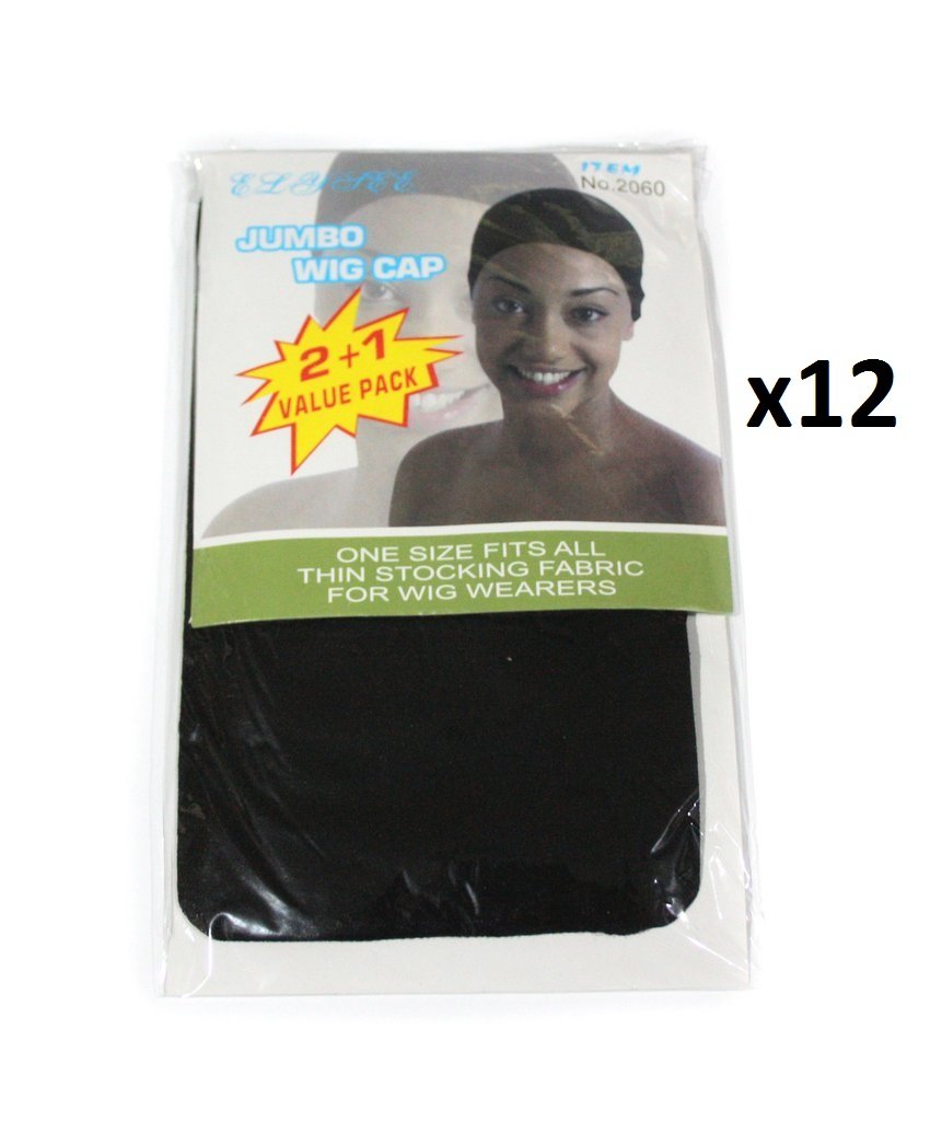 elysee star36 Pieces JUMBO Wig Caps Color Black (#2060) - Thin Stocking Fabric - One Size Fits All (1 Dozen)