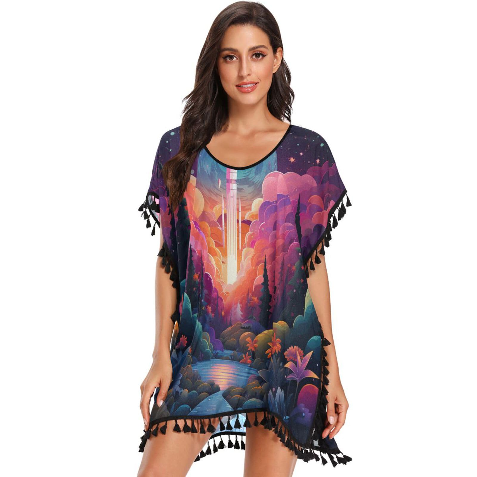 Rockets Purple Space Planets Stars Women's Beach Cover Up Chiffon Tassel Swimwear Swimsuit Coverups for Girl