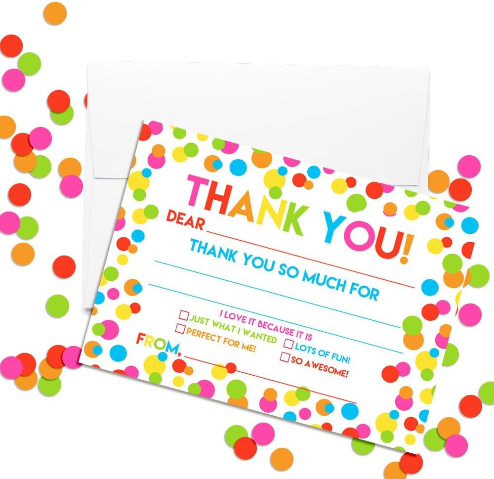 Polka Dot Rainbow Theme Kids Birthday Party Thank You Cards, 10 Fill-In 4x5.5 Notes with Envelopes, Colorful Neon Fun Design for Child Appreciation, Made in USA by Amanda Creation - Image 2