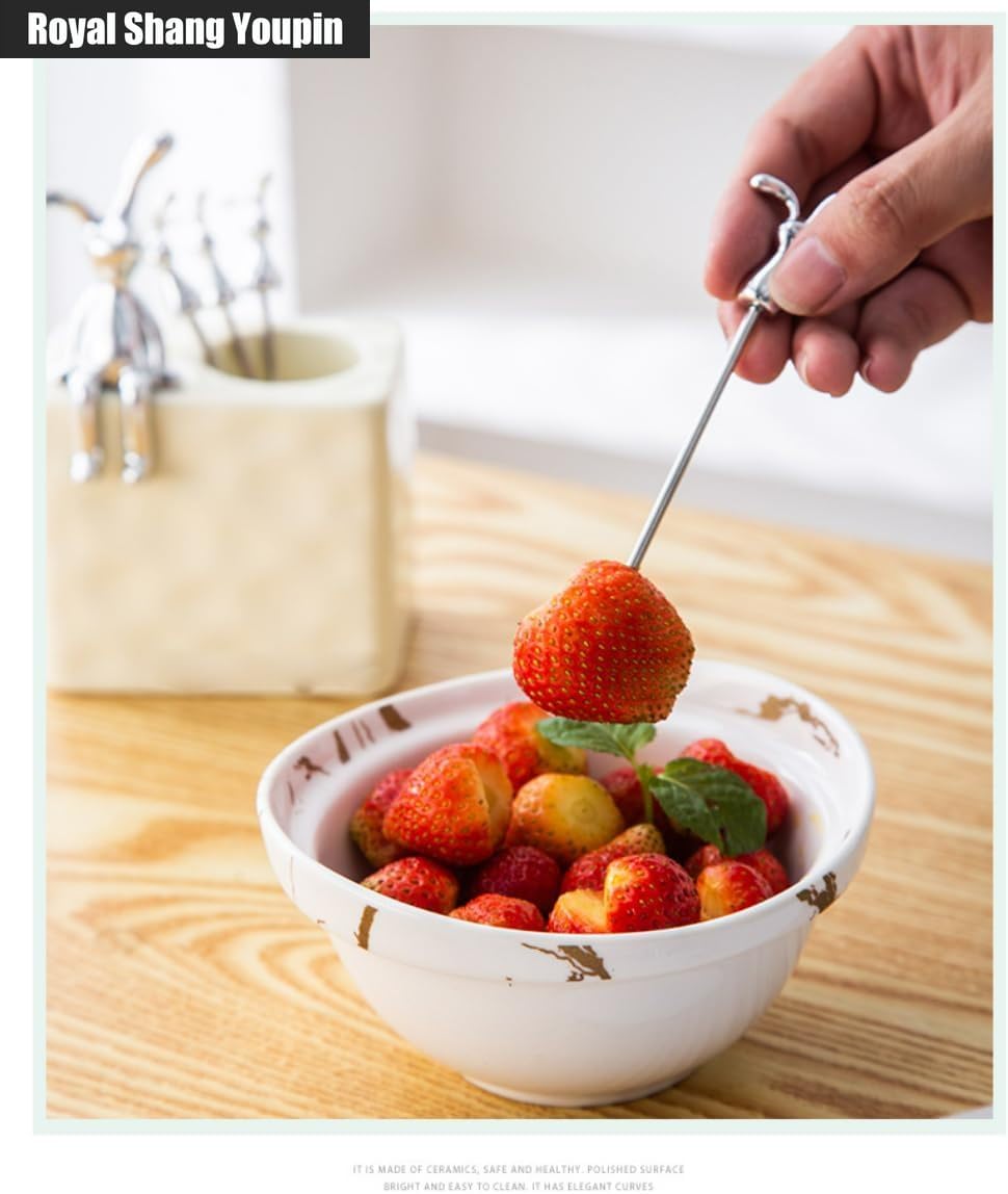12 Pieces Water Ripple Rabbit Fruit Fork Stick Set Stainless Steel Fruit Storage Jar High Value Ceramic Fruit Fork Jar (No storage tank,Sticks)