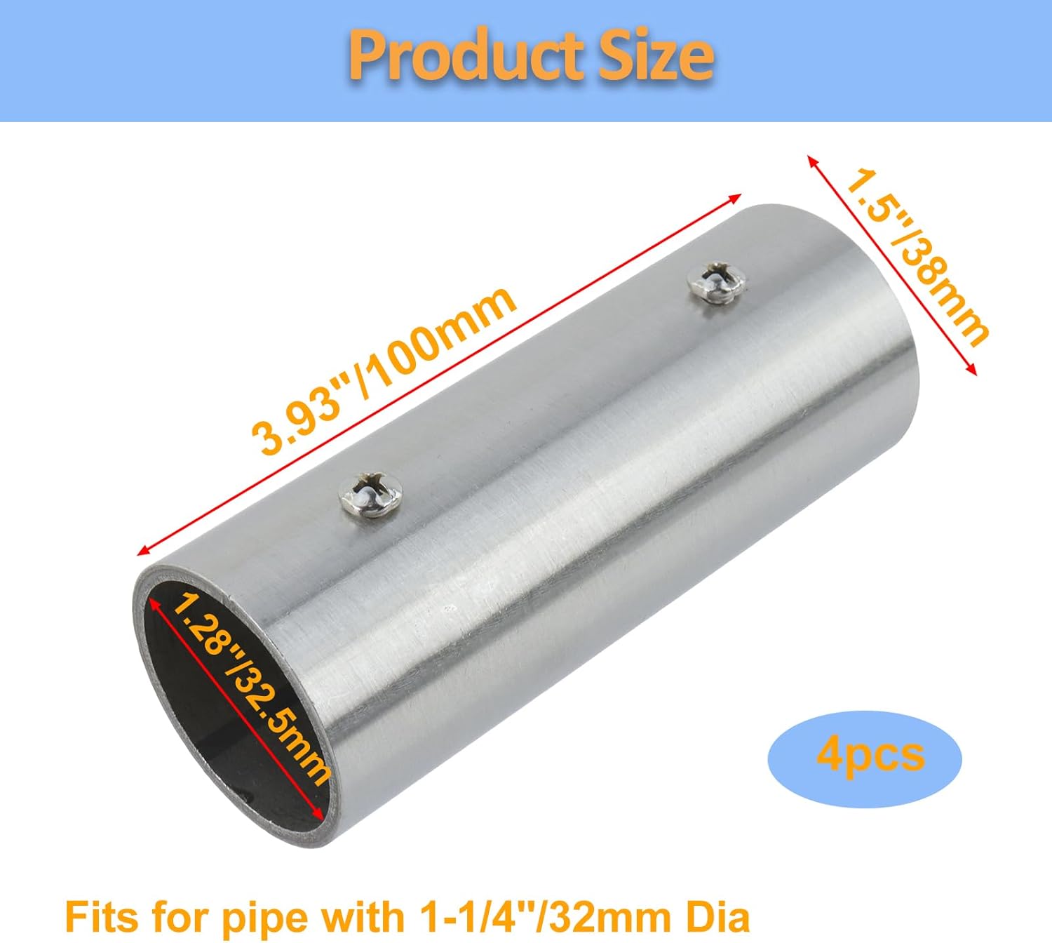 Straight Pipe Fitting Connector Fit 1-1/4" OD Pipe 2-Way Stainless Steel Rail Pipe Fittings for DIY Shelf Garden Support, Handrail,3.93"/100mm Length -4pcs