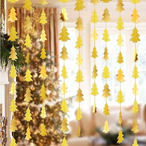 Miniatura 32 de Cheerland Guirnalda de árbol de oro rosa con serpentina de Navidad, decoración de fiesta temática de bosque, telón de fondo colgante de Navidad, Oro