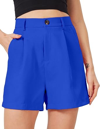 Womens Casual Pleated Dressy Business Work Shorts Elastic High Waisted Wide Leg with Pockets