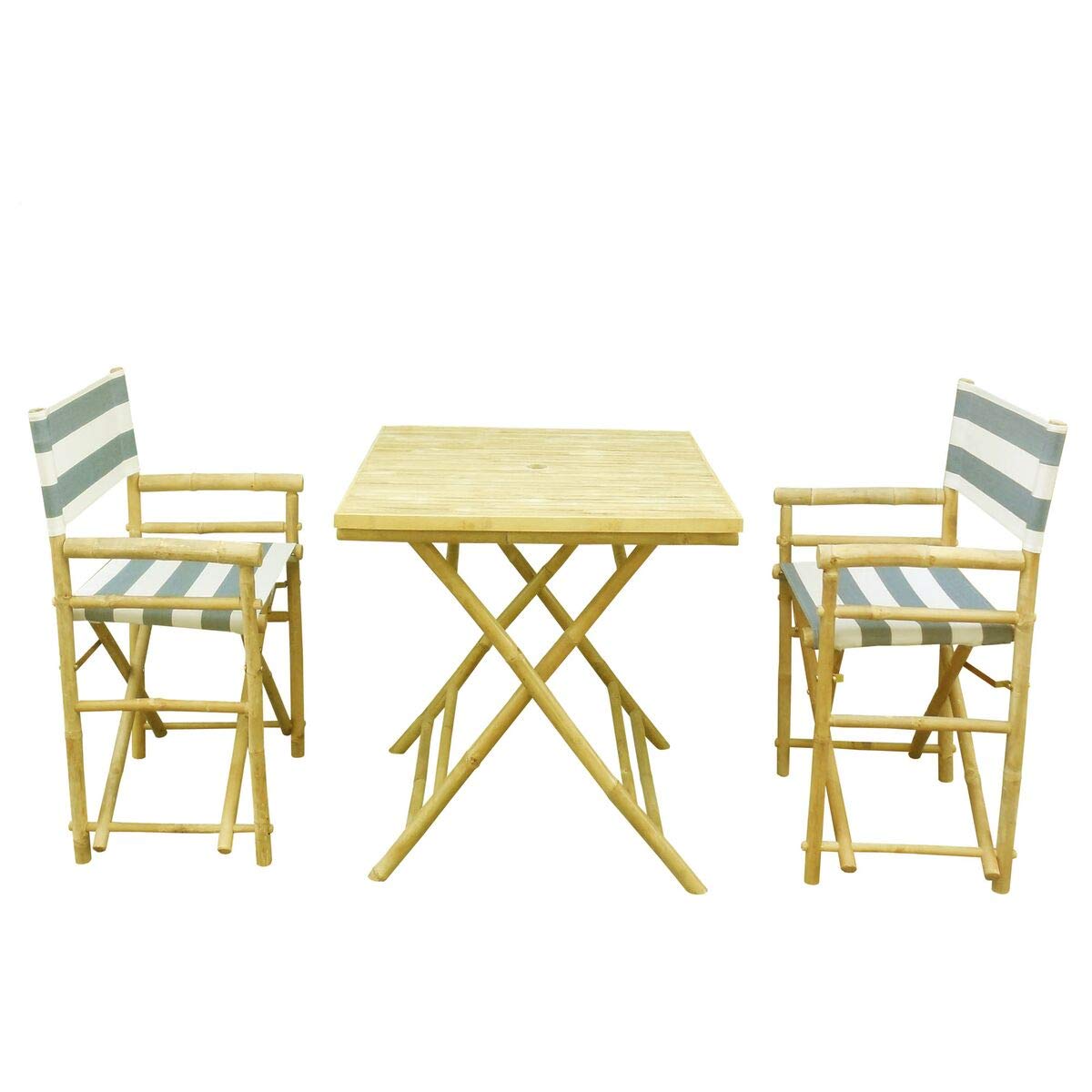 Statra Outdoor Table and Chairs Set Dining Patio Bistro Pub Bar Garden Bamboo 3-Piece, Blue White Stripes