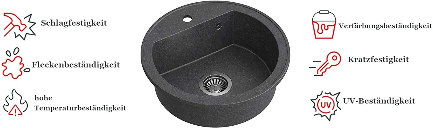VBChome Fregadero de granito redondo negro de 51 cm, para cocina, empotrable, con sifón
