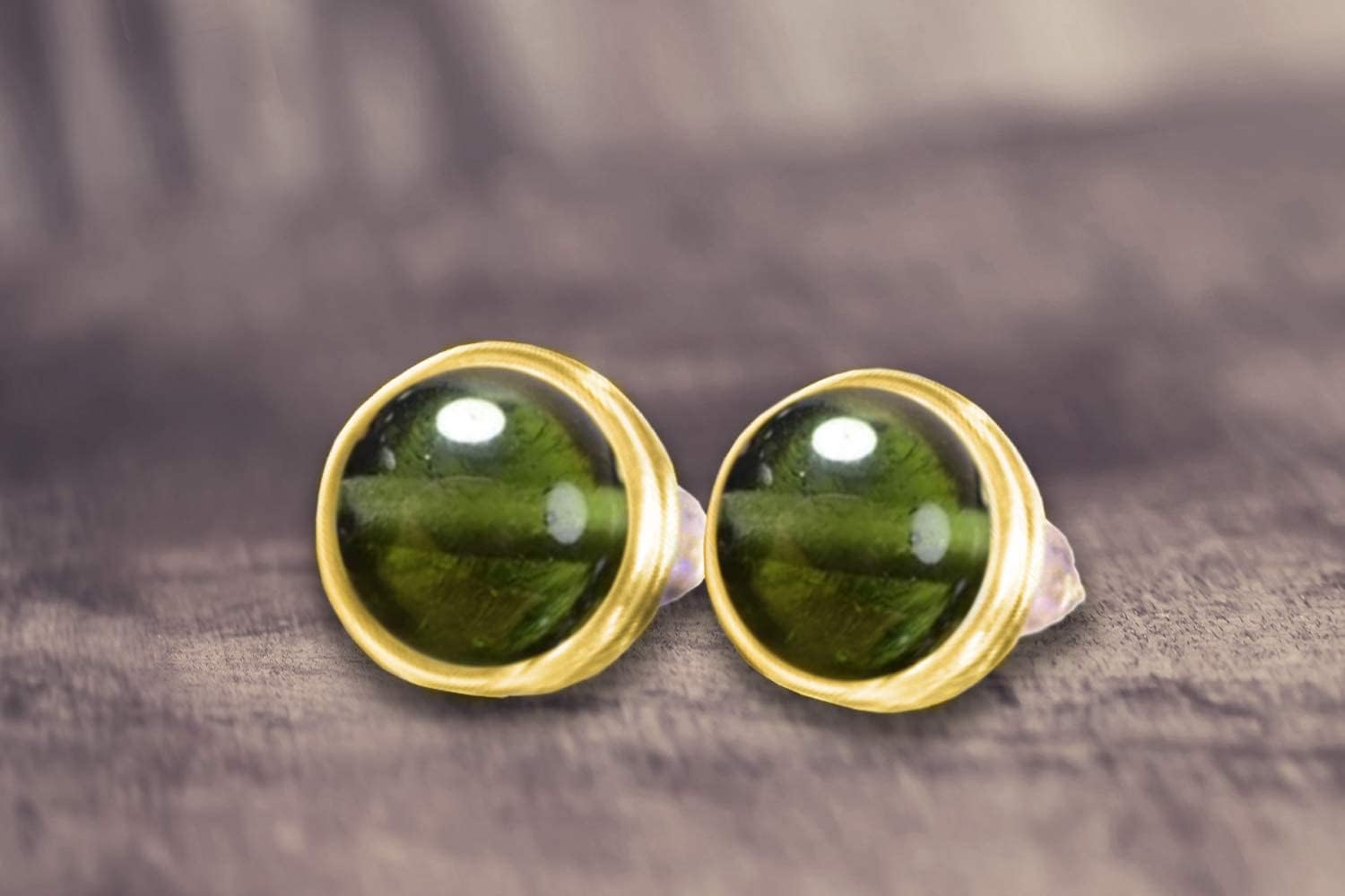 Genuine Moldavite 6mm Post Earrings in 14K Gold Wire Wrapped, Real Czech Moldavite bead Hand Wire Wrapped Stud Earrings Meteorite Jewelry,