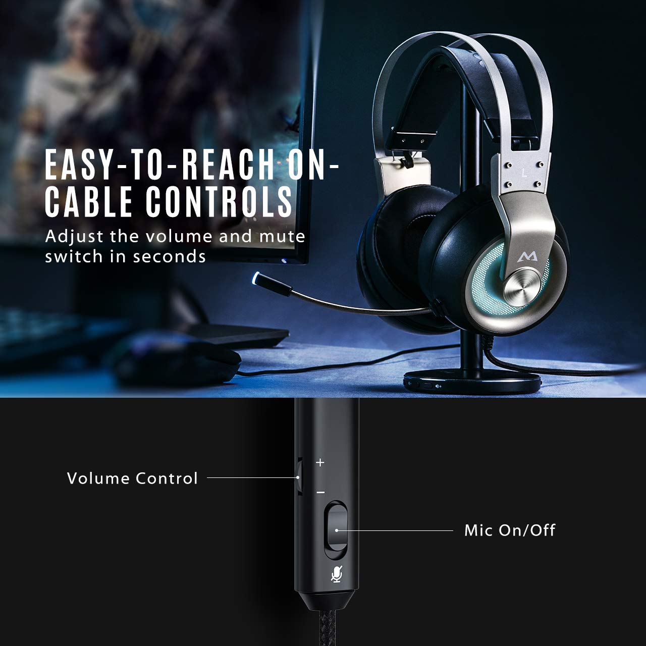 EG3 Pro Casque de jeu pour PC, PS4, Xbox One, son surround avec micro antibruit, lumière LED en ligne/contrôle du volume/micro pour PC, Playstation 4, Xbox, Nintendo Switch