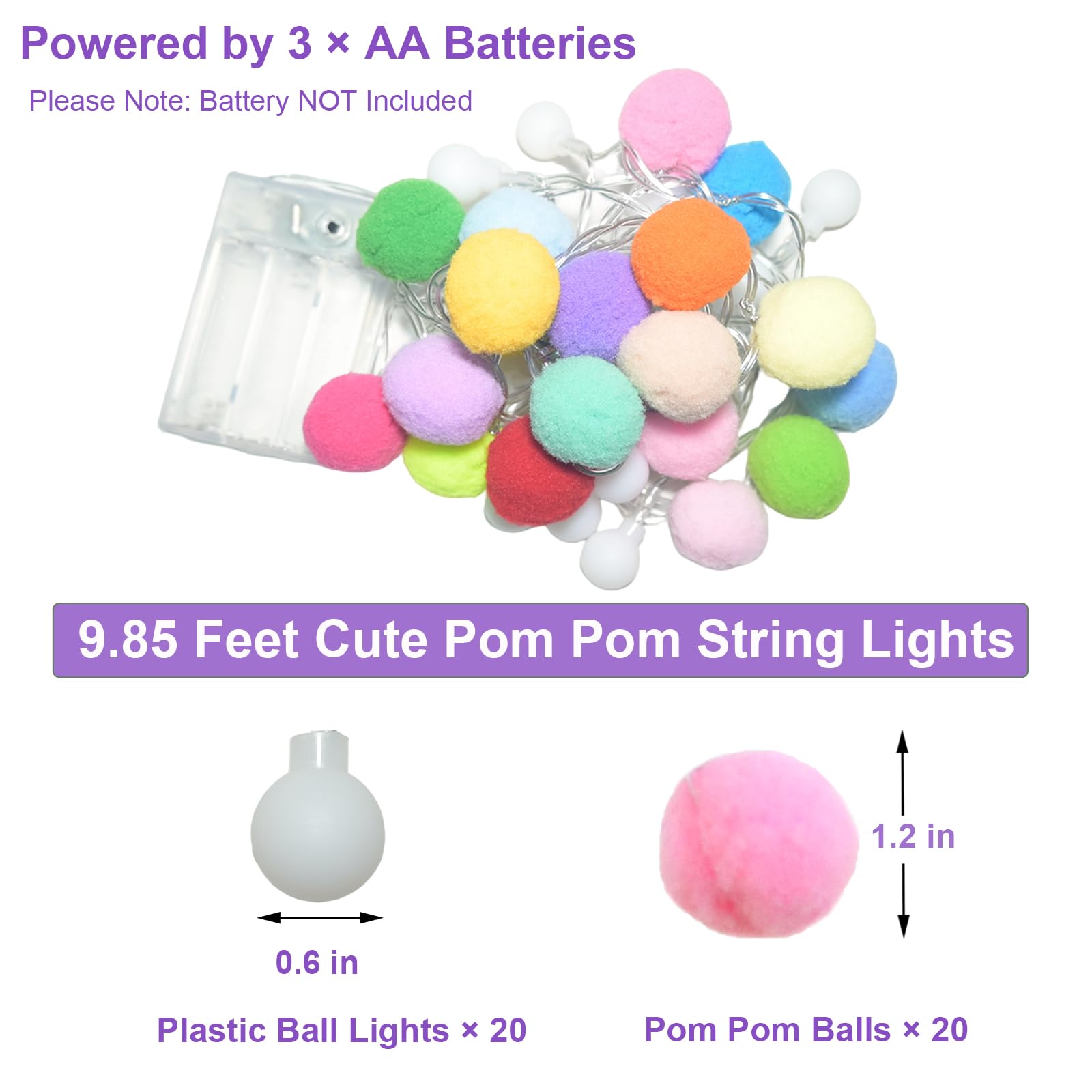 ChiRee Guirlande lumineuse de 2,5 m avec 20 pompons mignons, 20 boules colorées à DEL – Guirlande lumineuse d'intérieur à piles avec minuterie pour la maison, la chambre à coucher, la maison de jeu