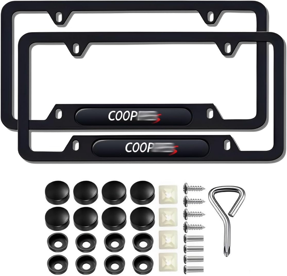 2 Pcs Black License Plate Frames Compatible with Mini Cooper License Plate Covers Metal Aluminum Material Screw caps Cover Set