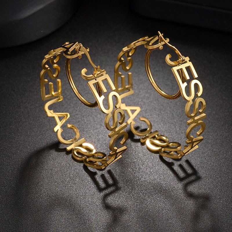 Custom Name Hoop Earrings – Personalized Gold Plated Circle Earrings – Statement Jewelry Gift for Women, Friends