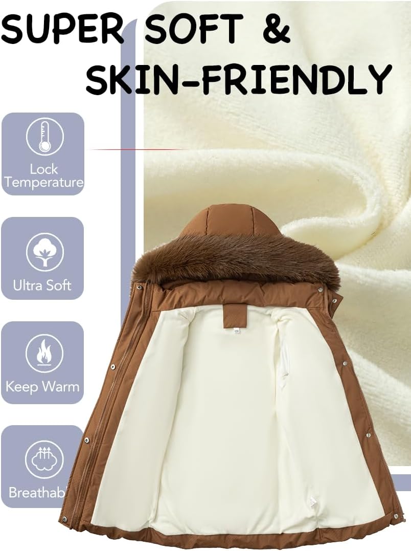Girls' Winter Warm Coat Fleece Lined Long Jacket With Detachable Fur Hood - Image 5