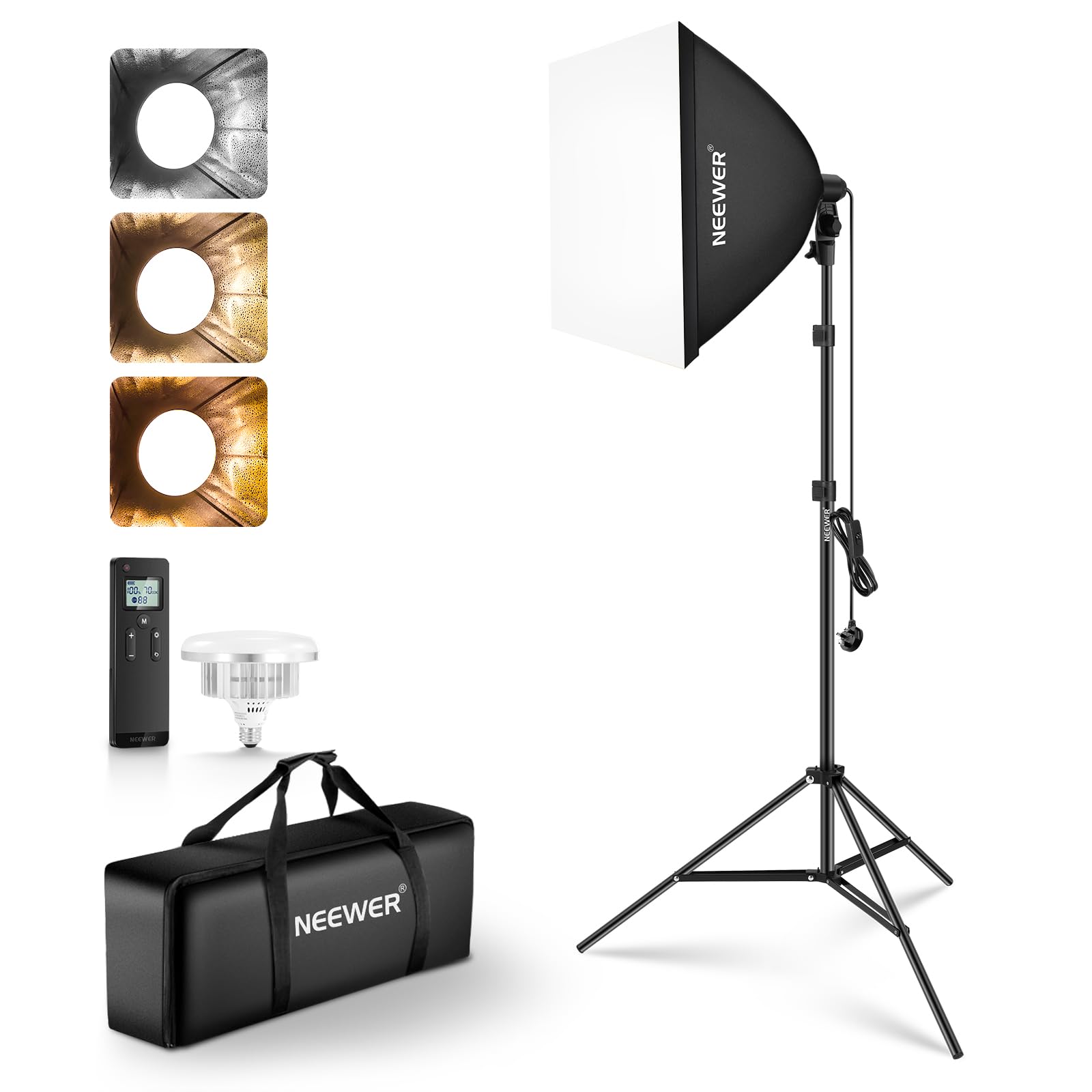 NEEWER Kit di illuminazione Softbox equivalente da 61 x 61 cm, 450 W, con supporto per treppiede, lampadina LED bicolore da 45 W 2,4 G, telecomando, 10 canali 2900K-7000K 1400lx/1 m CRI95 Studio