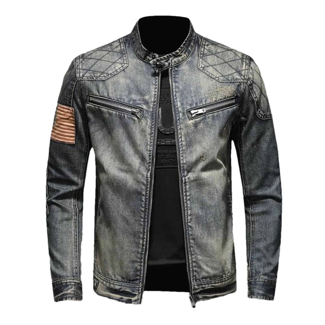 Męska kurtka dżinsowa w stylu vintage z zamkiem błyskawicznym slim fit jeans długi rękaw luźna kieszeń zamek kurtka dżinsowa