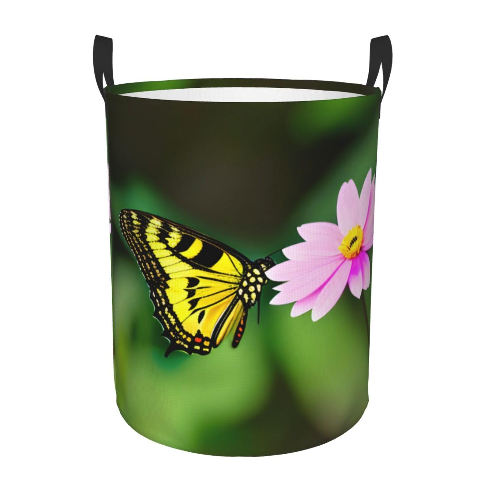 M Collapsible Round Spring Floral Butterfly Print Laundry Hamper