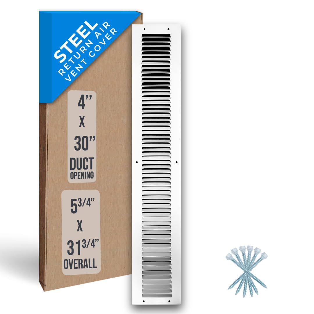 Fits 4x30 Duct Opening | Steel Return Air Grille by Handua | Vent Cover Grill for Sidewall and Ceiling | White | HVAC Cold Air Intake Grille | Outer Dimensions: 5.75"W X 31.75"