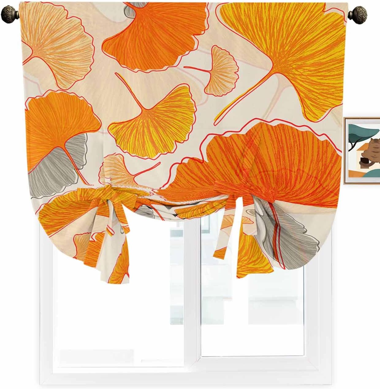 Tie Up Valance Curtain for Kitchen Windows, Autumn Orange Ginkgo Biloba Plant Leaves Adjustable Rod Pocket Curtains, Window Treatments Valance Drapes for Bedroom Bathroom,42x45in