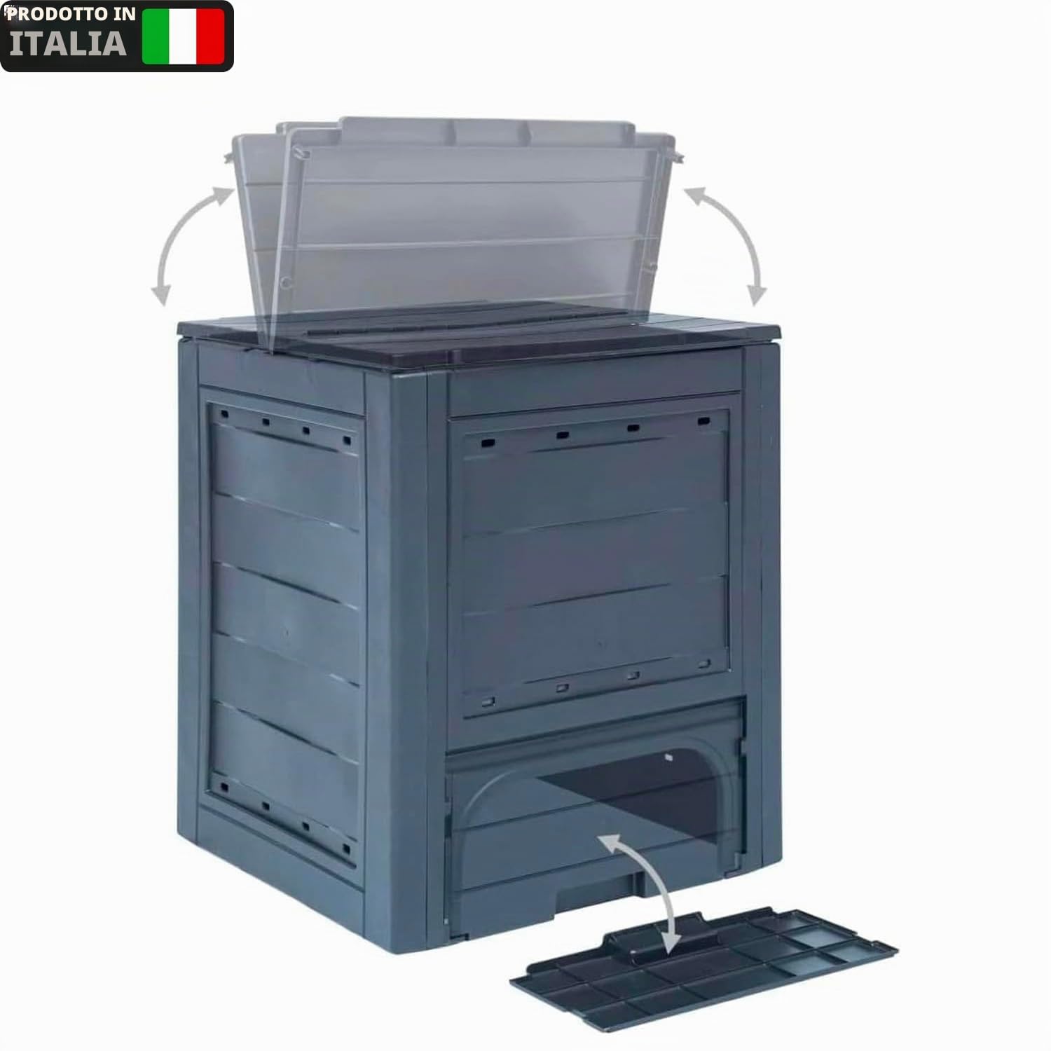 Avilia Contenitore per Compostaggio da Giardino - Compostiera con Accesso Frontale, in Polipropilene, 260L, 60x60x73cm, Nera, Made in Italy