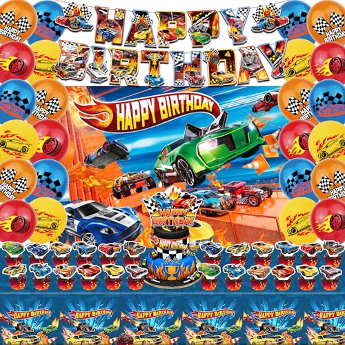 52Pcs Hot Car Birthday Party Decorations Birthday Party Supplies for Hot Car Includes Banner Backdrop 24 Balloons Cake Topper 24 Cupcake Toppers TableCloth