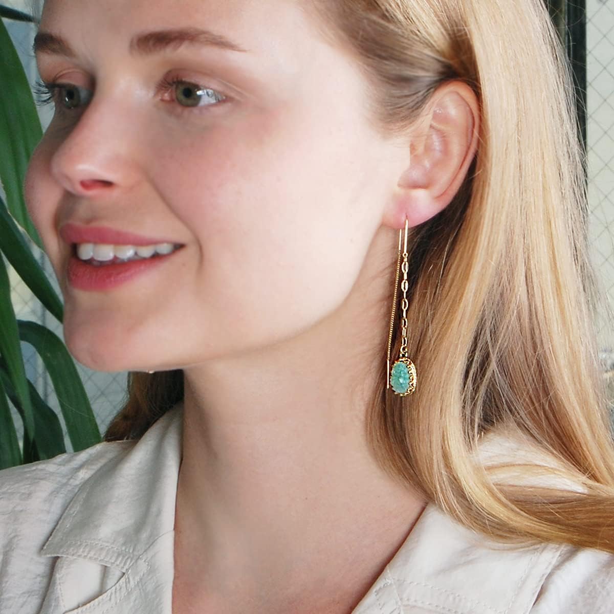 Simulated Druzy Threader Earrings for Women - Gold, Silver, or Rose Gold Tone Long Chain Earrings with Boho Created Geode Stone - Image 8