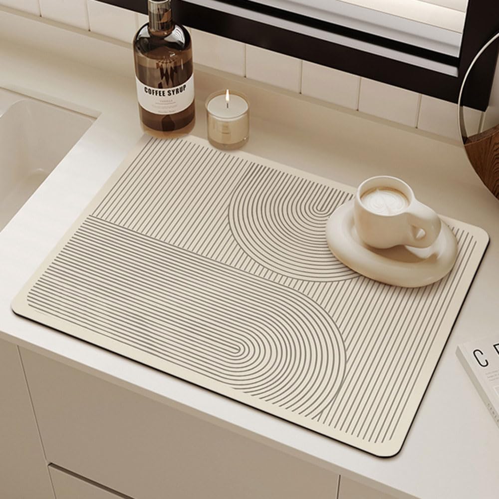 Odot Dish Drainer Mat, Non Slip Washable Drainer Mat Line Design Beige Dish Drying Mats for Kitchen Nanofiber Diatomaceous Earth Multifunctional Drying Mat (40x70cm,Oval)