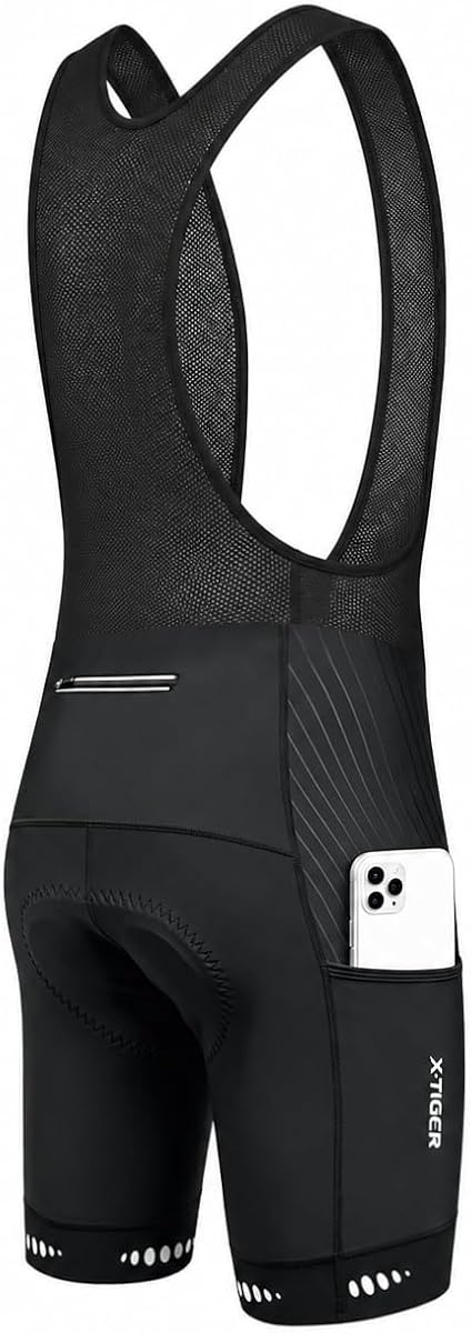 X-TIGER Men's Black Cycling Bib Shorts with 5D Gel Padding and Zip Pocket | Long Ride with less saddle pressure,Reflective details boost visibility,Anti-slip cuffs stay put on road or MTB rides