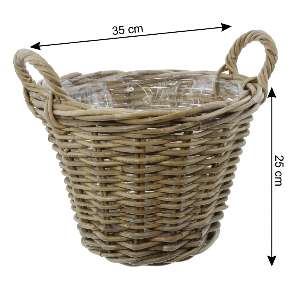 FRANK FLECHTWAREN Cesto per piante in rattan, medio, con pellicola e manici, diametro di circa 35 x 25 cm, per interni ed esterni, decorazione boho