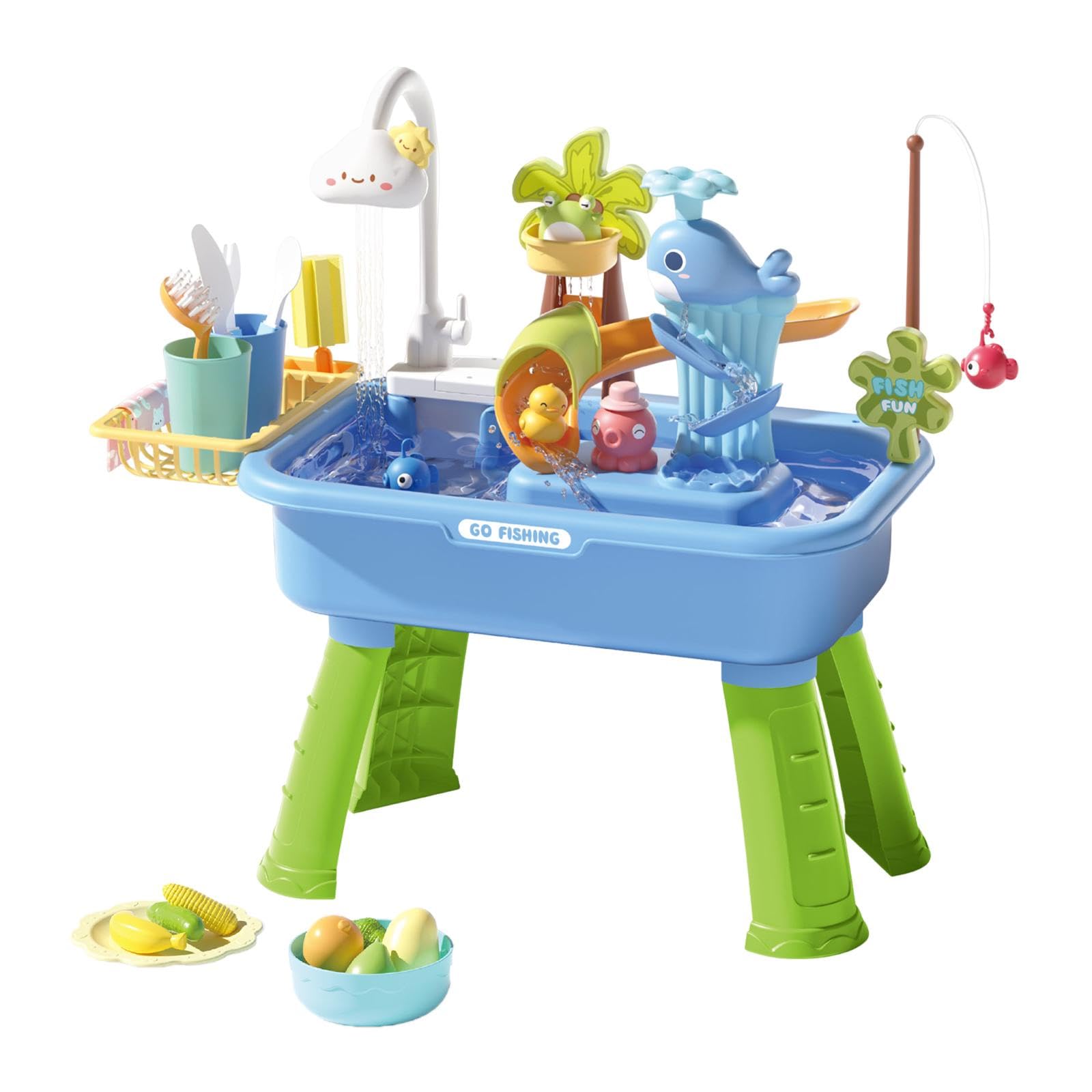 43 Pezzi di Giocattoli da Cucina, Set di Giochi di Ruolo, lavastoviglie, Accessori per Cucinare, Pesca, Set interattivo per Giocare a Fare Finta, Blu