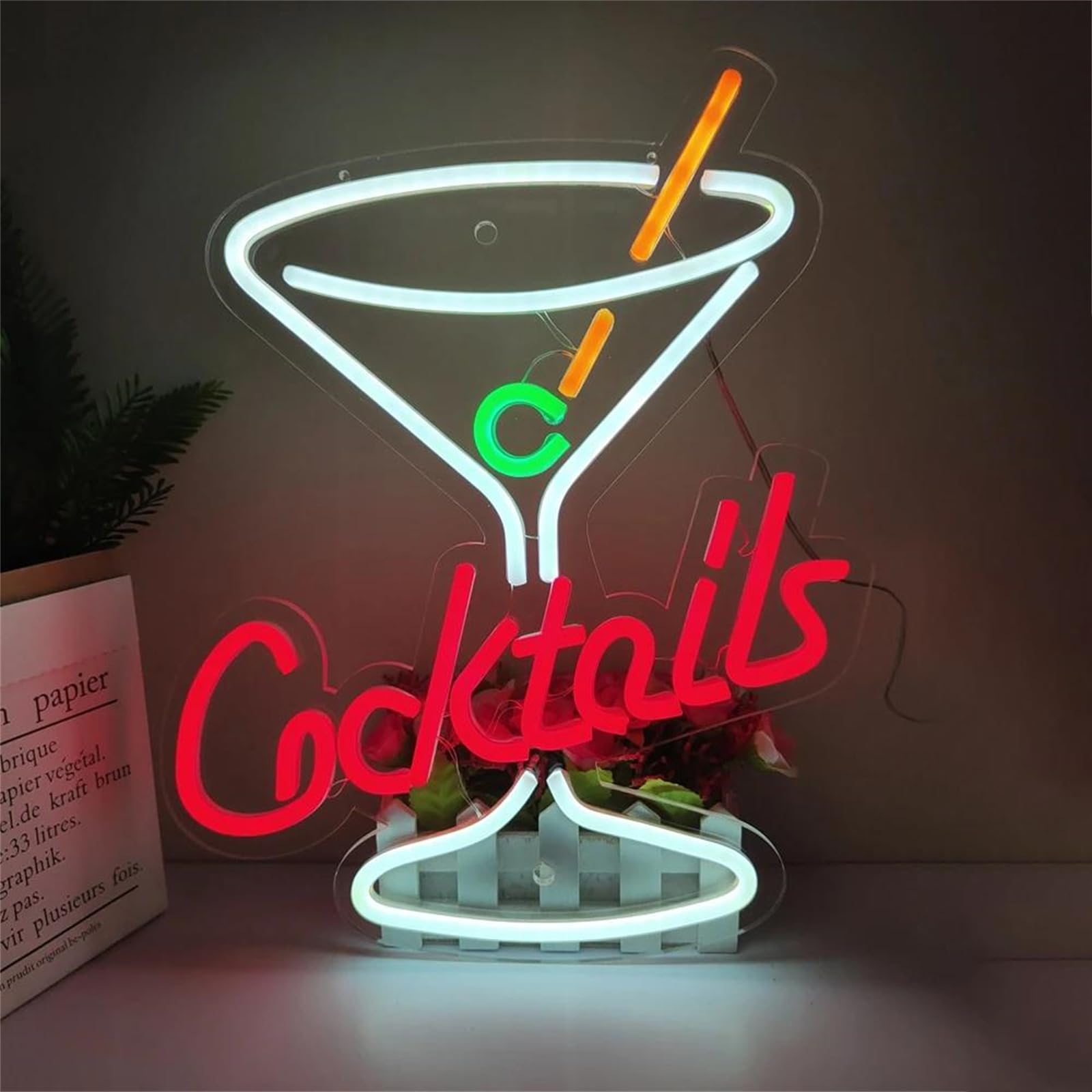 KEYQEEN Cocktails Neon Sign for Wall Decor, Bar Club Shop Signs Dimmable USB LED Man Cave Party Neon Lights,Red,50x38cm