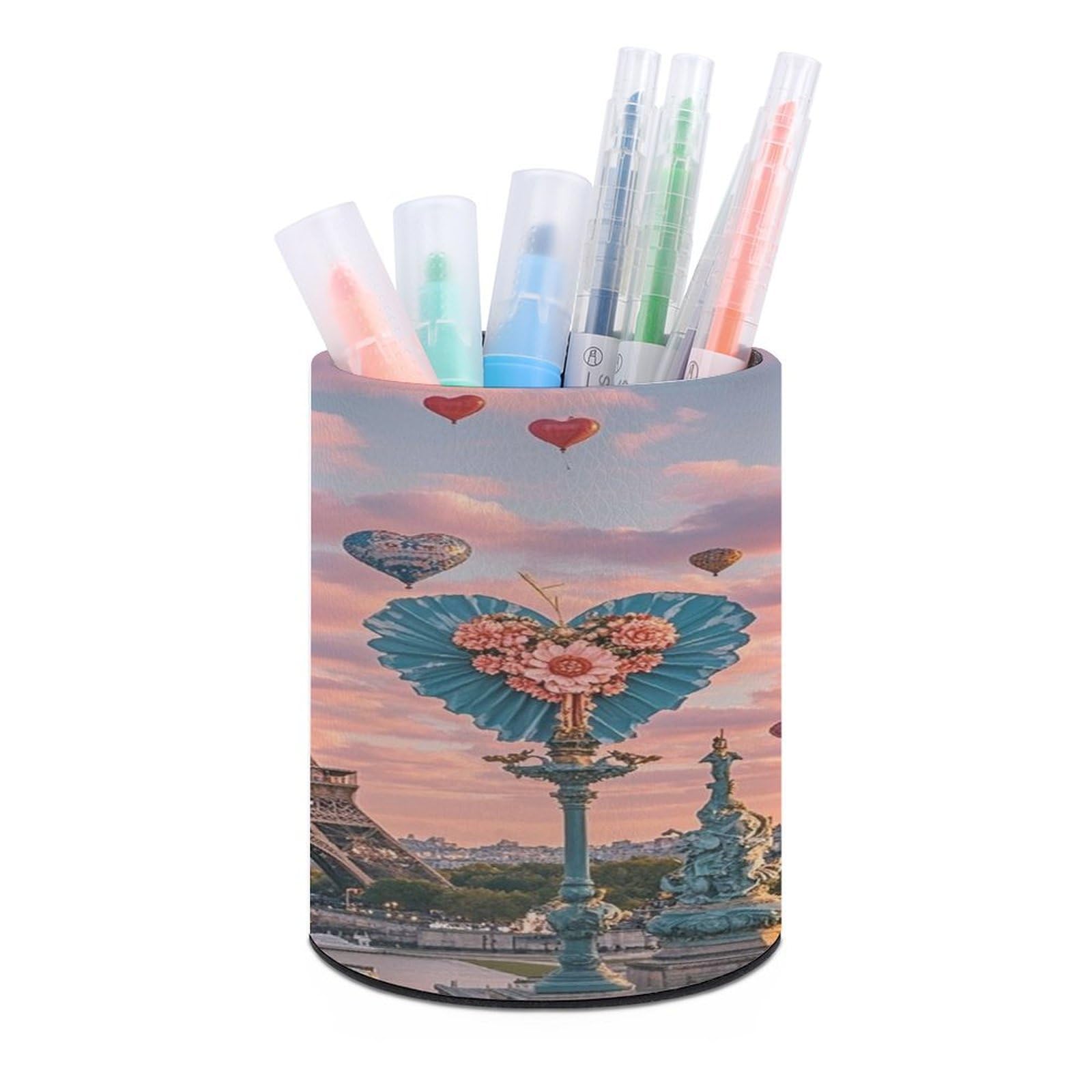 VstaDank Romantic Paris Eiffel Tower Pen Holder PU Leather Pencil Cup Minimalist Desk Pencil Holder Round Make Up Brush Organizers For Office Dorm Room&Vanity Desk Accessories