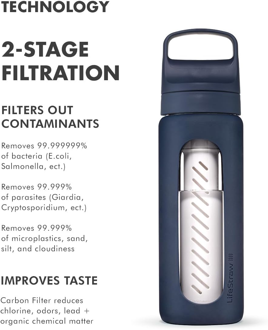 LifeStraw Go Series – Glass Water Filter Bottle Made from Hand-Blown Glass with Silicone Sleeve for Hydration at Home or on-the-go, Aegean Sea, 20oz