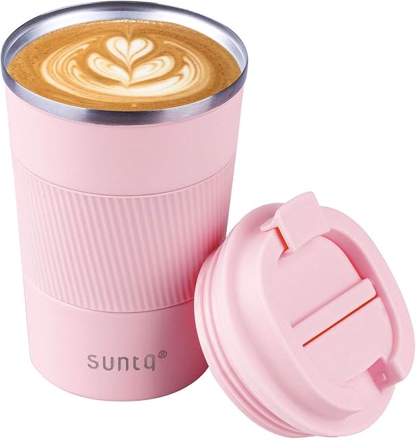 SUNTQ Reusable Coffee Cups Travel - Coffee Travel Mug with Leakproof Lid - Thermal Mug Insulated Cup - Stainless Steel Travel Cup with Rubber Grip - for Hot and Cold Drinks, 13oz/380ml, Pink