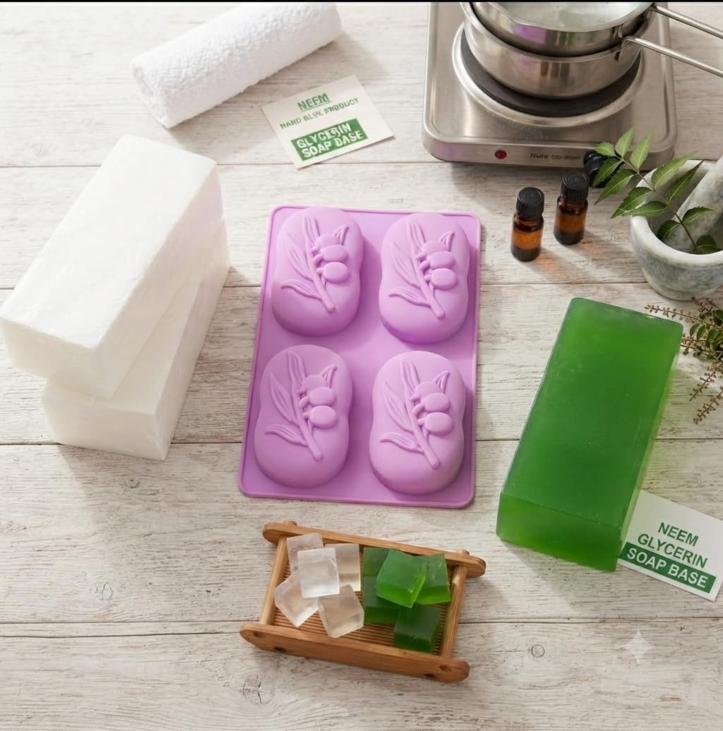 Neem & Glycerin Soap Base Combo 500g with 4-Cavity Olive Silicone Soap Mold | DIY Melt & Pour Soap Making Kit | Transparent & White Soap Base for Handmade Craft-image-37