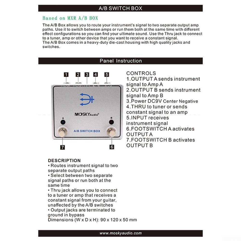 AB Switch - Pedale per chitarra a 2 vie, segnale router in metallo | Routing del segnale a 2 vie, seleziona Amp A o B, ideale per passare tra amplificatori, design compatto