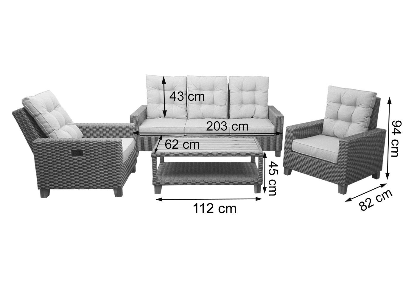 Mendler Gartengarnitur HWC-G28 Akazie - anthrazit, Kissen grau | Sitzgruppe, Lounge-Set, Holz, halbrundes Rattan, verstellbar MVG