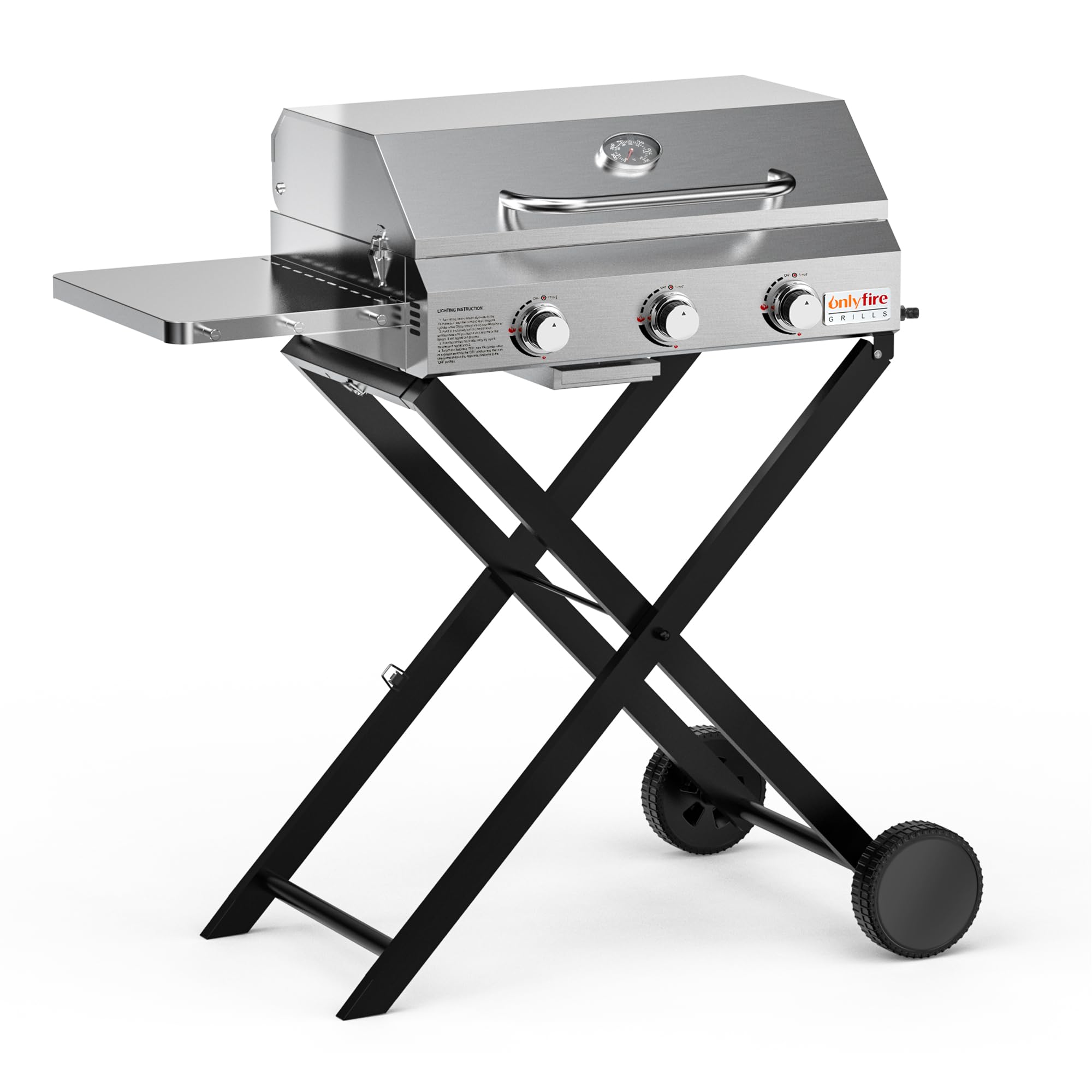 Onlyfire 3 Brenner Gas Grillwagen | BBQ Gasgrill mit Grillrost | 7Kw | Grillfläche 56,5×34cm | mit Seitentischen, Faltbarem Rollwagen, Rollen, Thermometer | für Outdoor Camping Balkon Garten
