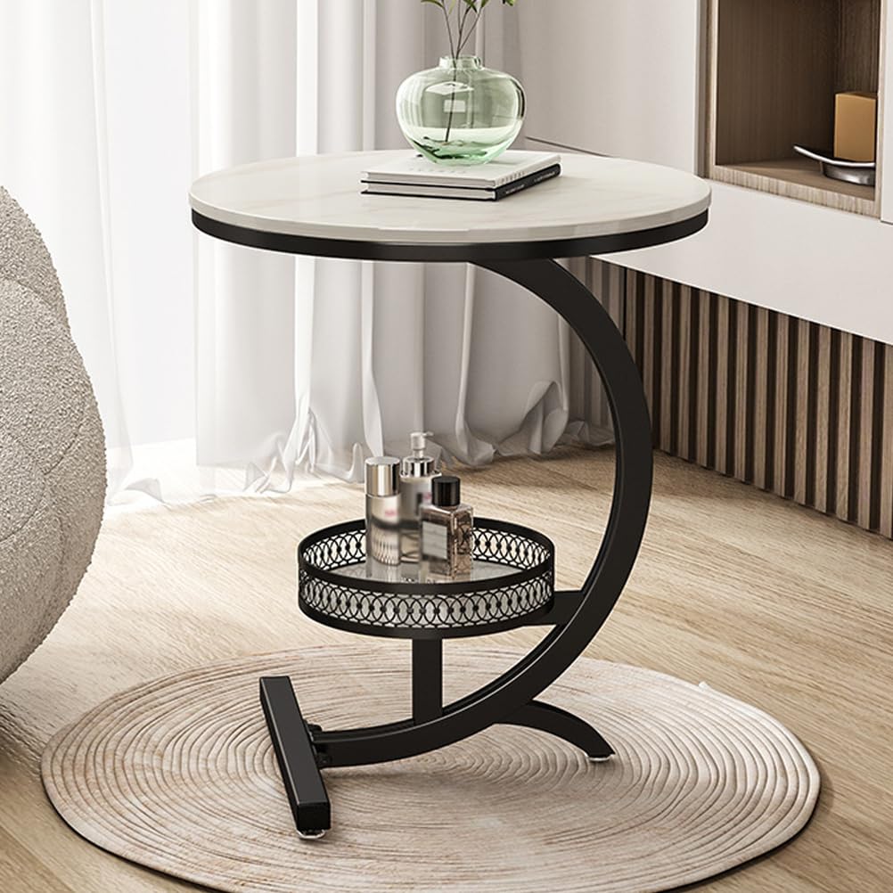 SXZenSpace 2-Tier Storage Shelf C-Shaped End Table for Couch, Round Side Tables TV Tray with Sturdy Metal Frame,Couch That Slide under Living Room,Bedroom,black,A