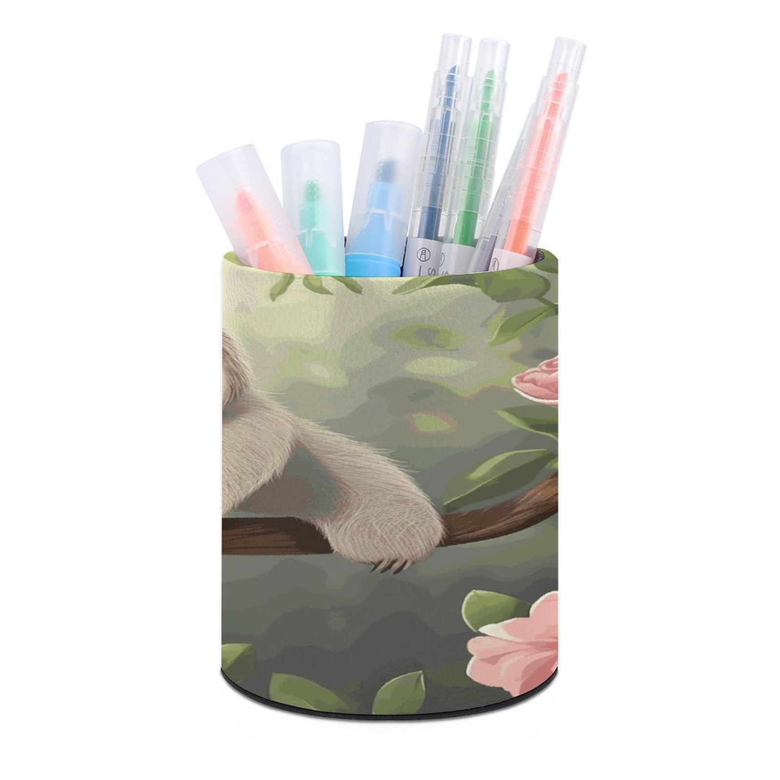 JTREHY Cute Baby Sloth Pen Holder Round Pen Pencil Holder Makeup Brush Holder Cup PU Leather Pencil Cup Desktop Caddy Stationery Organizer Case Office Accessories Container Box