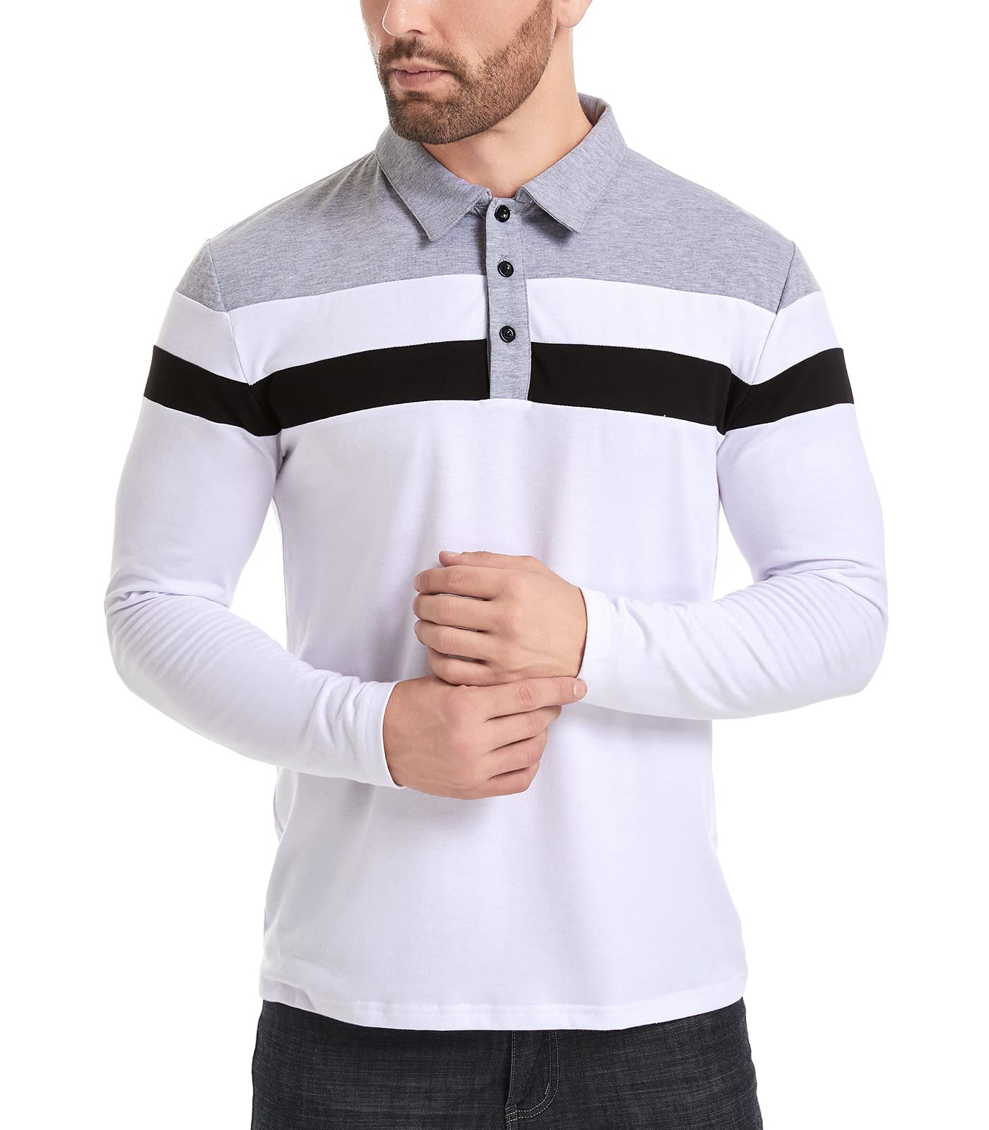 MANSDOUR Męskie koszulki polo na co dzień bawełna slim fit koszulka polo z długim rękawem i krótkim rękawem patchworkowa koszula golfowa z kołnierzem do pracy