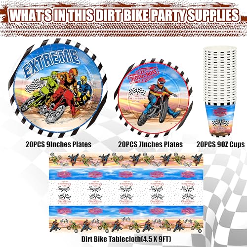 Image of Dirt Bike Decorations Plates Set | Service for 20 | Dirt Bike Birthday Supplies with Dinner Plates, Dessert Plates, Cups, Tablecloth | Dirt Bike Motocross Motorcycle Tableware for Kids