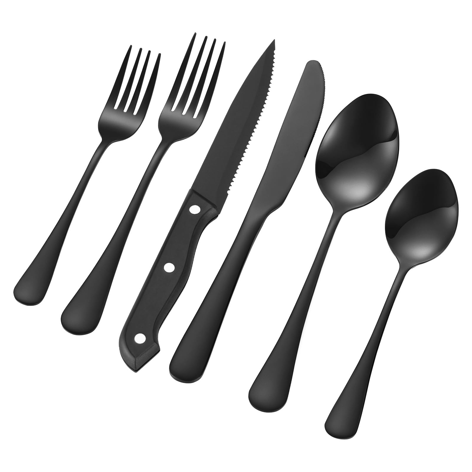 VEVOR Juego de Cubiertos Negros de 48 Piezas con Cuchillos para Carne, Acero Inoxidable de Grado Alimenticio para 8 Personas, con Acabado de Espejo, Vajilla Apta para Lavavajillas para la Cocina