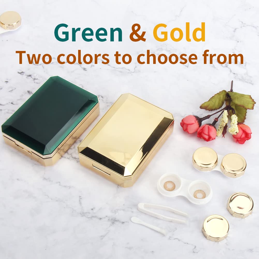 ofone Kontaktlinsen-Etui, 2 Stück Kontaktlinsenhalter-Set mit Entfernungswerkzeug, Pinzette, Spiegel, tragbare Kontakte, Behälter, Aufbewahrungsbox für Reisen (Goldgrün)