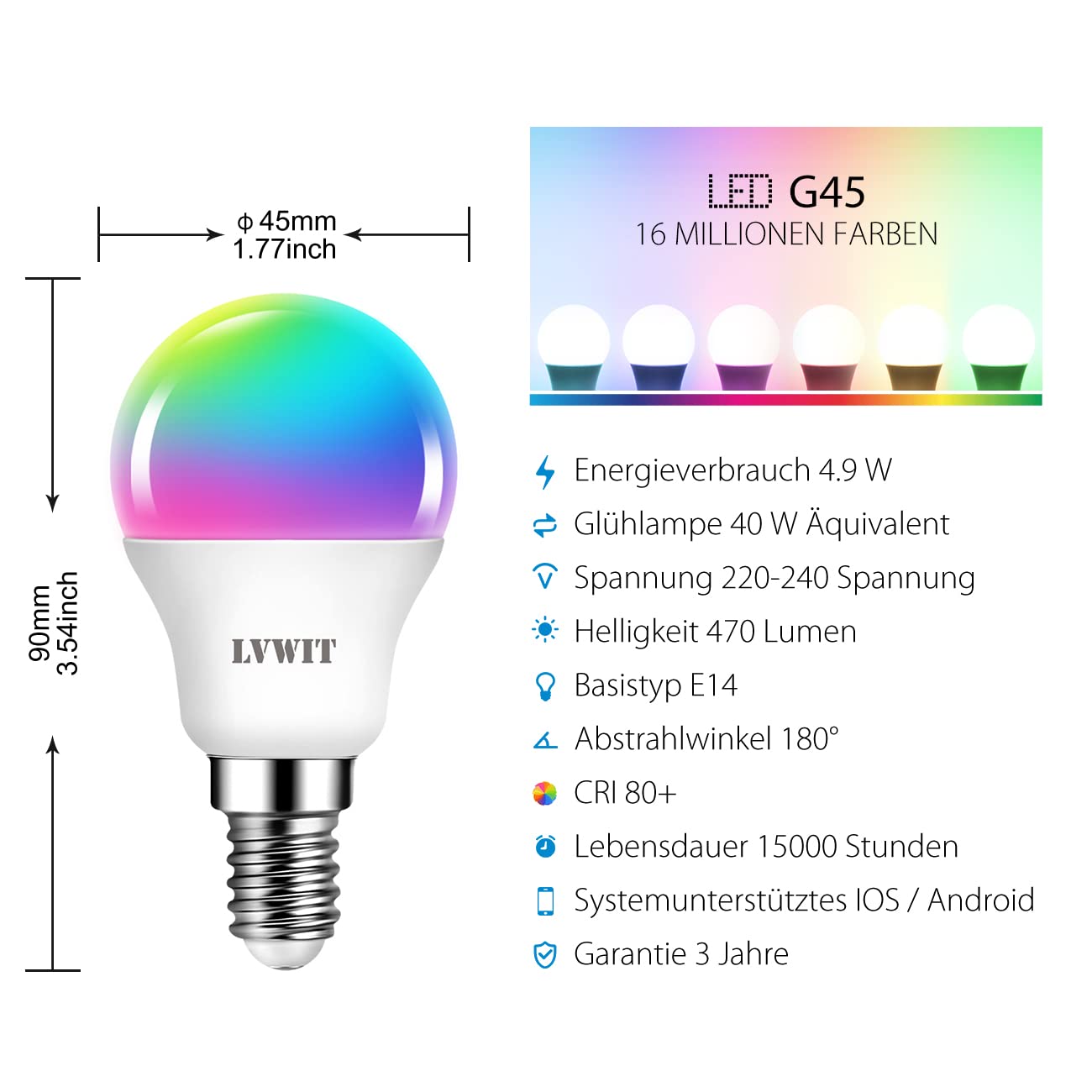 LVWIT Alexa Glühbirne E14 Smart LED P45 Tropfenform, 5W Smart Glühbirne 470LM, RGBWW LED Lampe Dimmbar, Kompatibel mit Alexa und Google Home, kein Hub erforderlich, 6 Stück
