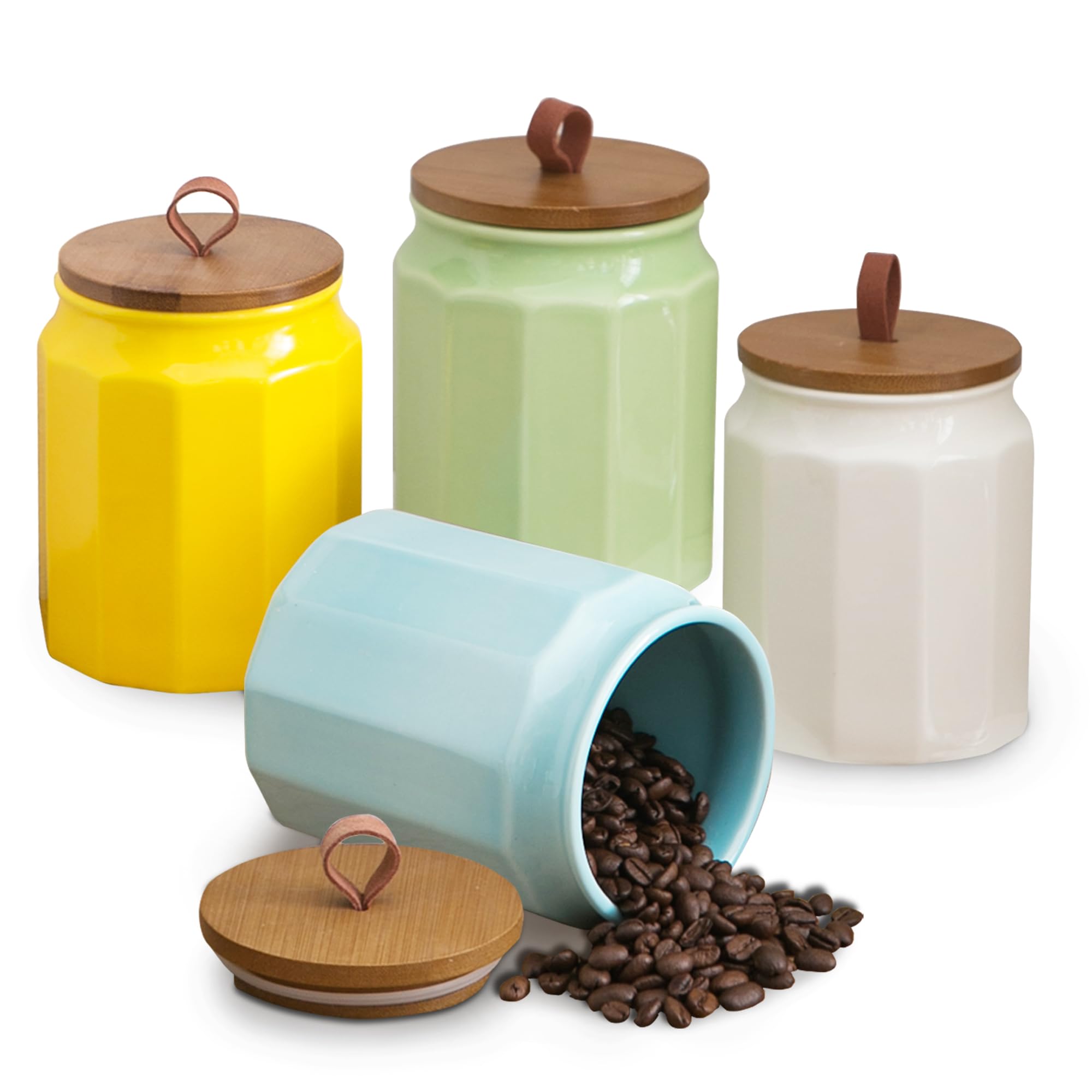 Set di 4 contenitori da cucina in ceramica con coperchi ermetici in bambù, cucchiai ed etichetta, grandi contenitori per farina e zucchero per servire caffè macinato
