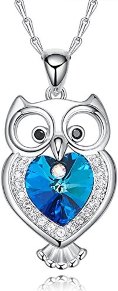 Mimei 925 Sterling Silver Necklace, Crystal Blue, Owl Necklace, Pendant Sapphire Necklace 40cm+6cm for Women Girls Gift Christmas Birthday Wedding
