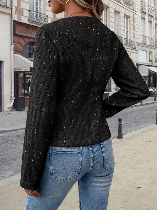 Image of Mina Self 2026 Fall Women's Tweed Blazer - Open Front Casual Work Jacket