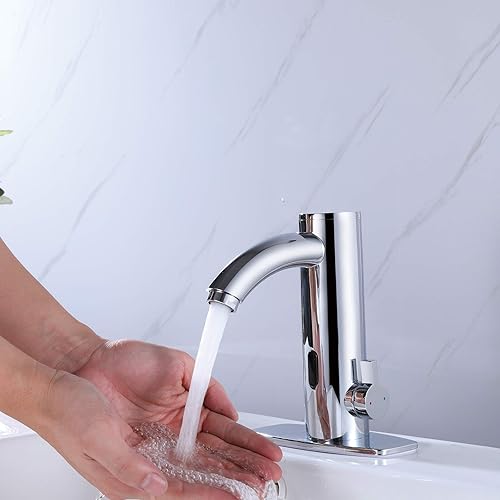 Miniatura 8 de Grifo de lavabo de baño sin contacto con sensor automático con placa de cubierta de agujero, grifos cromados, grifo de agua de baño manos libres con